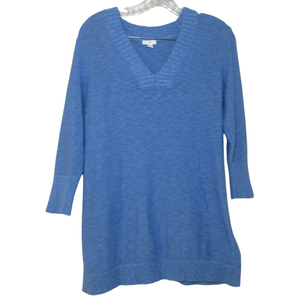 J. Jill Blue 100% Cotton V-Neck 3/4 Sleeve Tunic Sweater Small minimal capsule